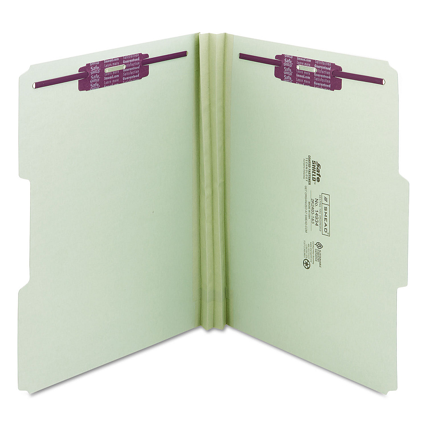Smead Recycled Pressboard Folders with Two SafeSHIELD Coated Fasteners, 2" Expansion, 1/3-Cut Tab, Letter Size, Gray-Green, 25/Box (14934)