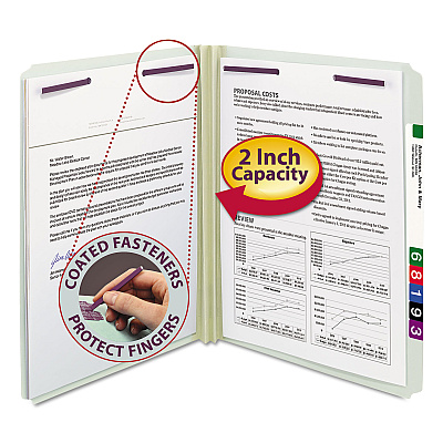 Smead Recycled Pressboard Folders with Two SafeSHIELD Coated Fasteners, 2" Expansion, Straight, Letter Size, Gray-Green, 25/Box (14910)