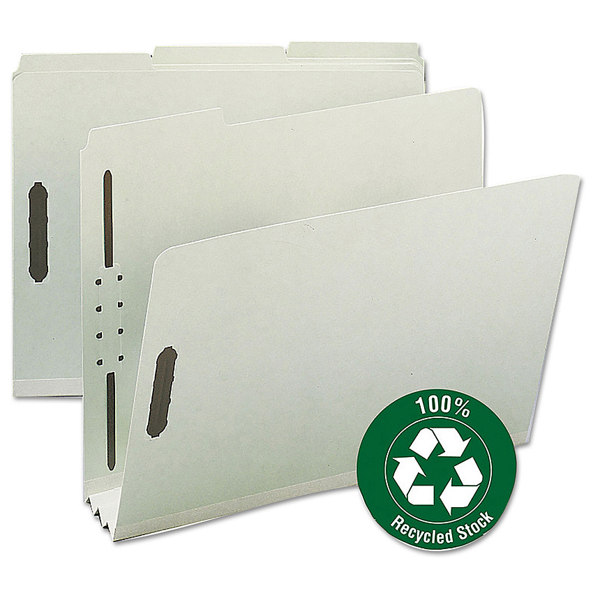 Smead 100% Recycled Pressboard Fastener Folders, Letter Size, 3" Expansion, Gray-Green, 25/Box (15005)