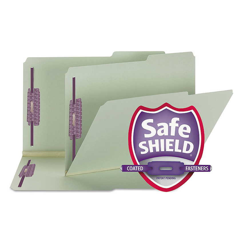 Smead Recycled Pressboard Folders with Two SafeSHIELD Coated Fasteners, 2" Expansion, 2/5-Cut: Right, Legal, Gray-Green, 25/Box (19920)