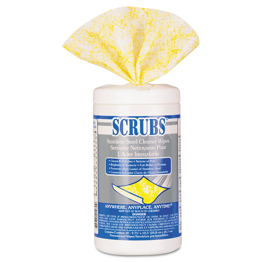 SCRUBS Stainless Steel Cleaner Towels, 9.75 x 10.5, Lemon Scent, 30/Canister (91930)
