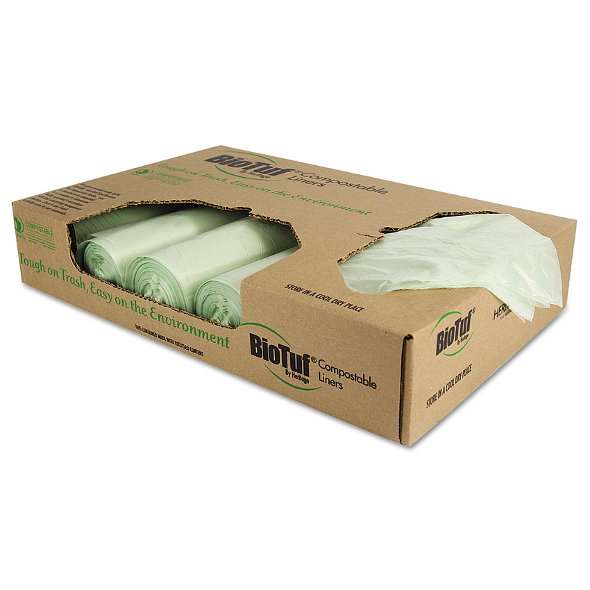Heritage Biotuf Compostable Can Liners, 32 gal, 1 mil, 34" x 48", Green, 100/Carton (Y6848YER01)