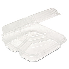 Pactiv Evergreen ClearView SmartLock Hinged Lid Container, 3-Compartment, 5 oz/14 oz, 8.2 x 8.34 x 2,91, Clear, 200/Carton (YCI81123)
