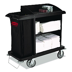 Rubbermaid Commercial Multi-Shelf Cleaning Cart, Plastic, 4 Shelves, 1 Bin, 22" x 49" x 50", Black (6190BLA)