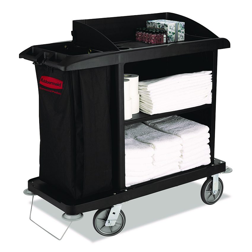 Rubbermaid Commercial Multi-Shelf Cleaning Cart, Plastic, 4 Shelves, 1 Bin, 22" x 49" x 50", Black (6190BLA)