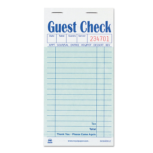 AmerCareRoyal Guest Check Book, Two-Part Carbon, 3.5 x 6.7, 1/Page, 50/Book, 50 Books/Carton (GC60002)