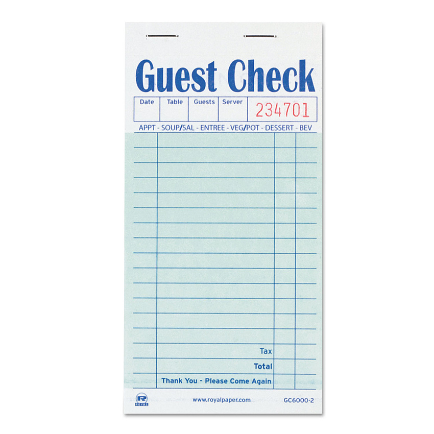 AmerCareRoyal Guest Check Book, Two-Part Carbon, 3.5 x 6.7, 1/Page, 50/Book, 50 Books/Carton (GC60002)
