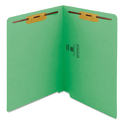 Smead Heavyweight Colored End Tab Fastener Folders, 2 Fasteners, Letter Size, Green Exterior, 50/Box (25140)