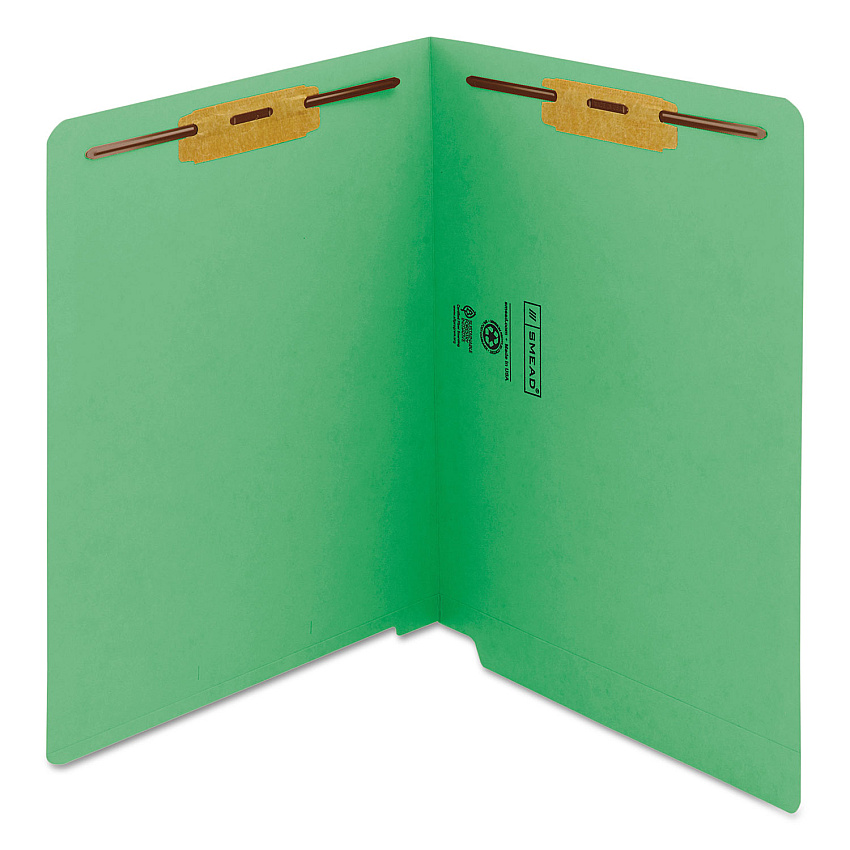 Smead Heavyweight Colored End Tab Fastener Folders, 2 Fasteners, Letter Size, Green Exterior, 50/Box (25140)