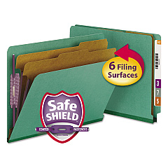 Smead End Tab Colored Pressboard Classification Folders with SafeSHIELD Coated Fasteners, 2 Dividers, Letter Size, Green, 10/Box (26785)