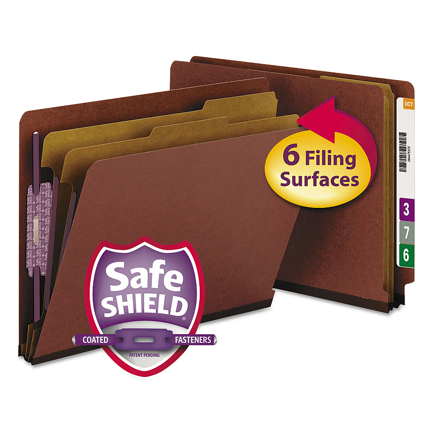 Smead End Tab Pressboard Classification Folders with SafeSHIELD Coated Fasteners, 2 Dividers, Letter Size, Red, 10/Box (26860)
