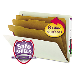 Smead End Tab Pressboard Classification Folders with SafeSHIELD Coated Fasteners, 3 Dividers, Letter Size, Gray-Green, 10/Box (26820)
