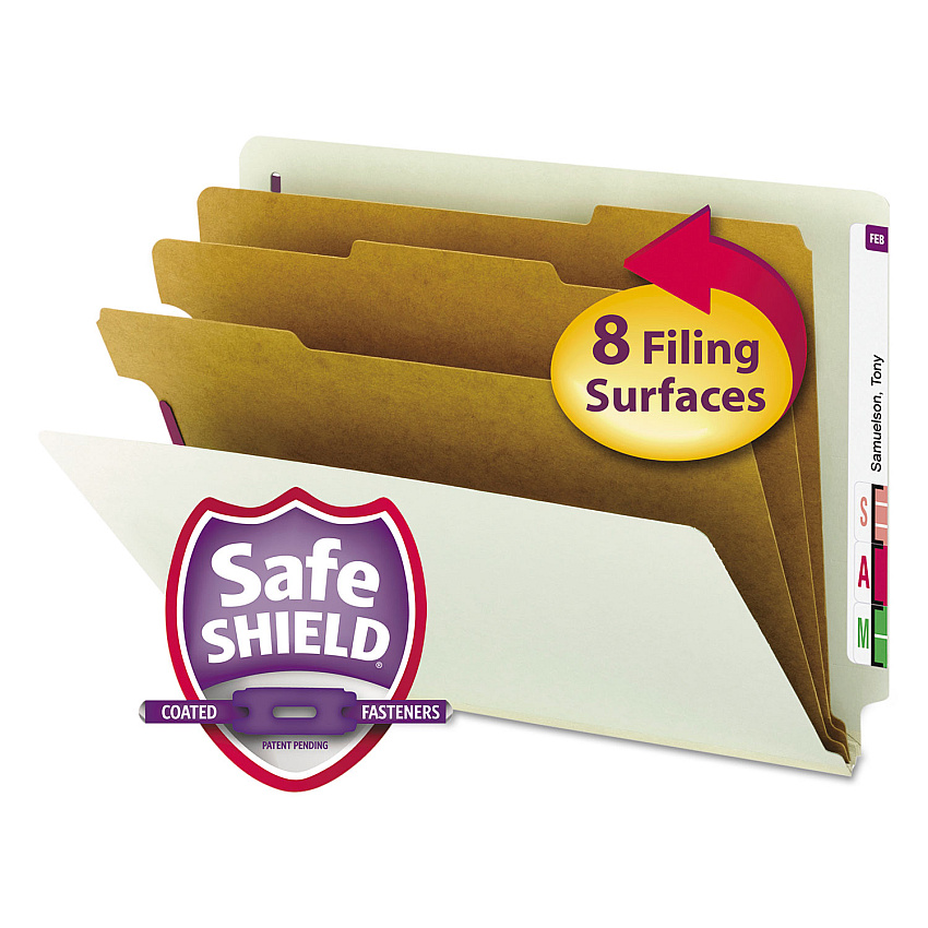 Smead End Tab Pressboard Classification Folders with SafeSHIELD Coated Fasteners, 3 Dividers, Letter Size, Gray-Green, 10/Box (26820)