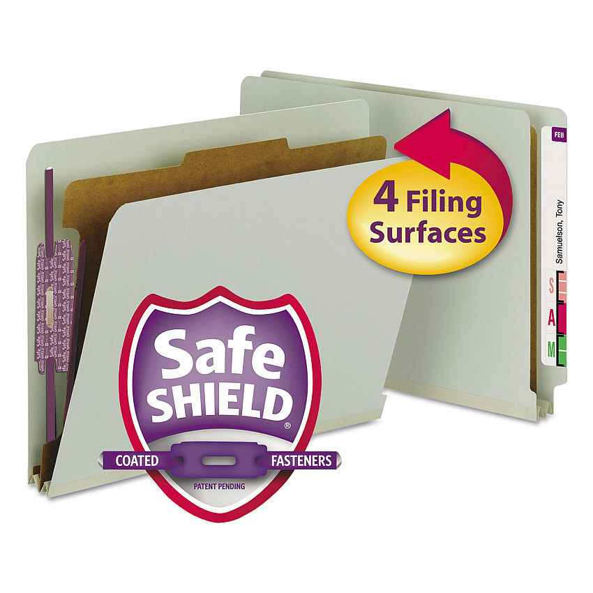 Smead End Tab Pressboard Classification Folders with SafeSHIELD Coated Fasteners, 1 Divider, Letter Size, Gray-Green, 10/Box (26800)