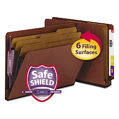 Smead End Tab Pressboard Classification Folders with SafeSHIELD Coated Fasteners, 3 Dividers, Letter Size, Red, 10/Box (26865)