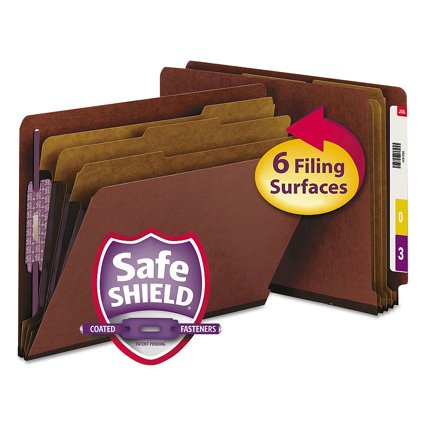 Smead End Tab Pressboard Classification Folders with SafeSHIELD Coated Fasteners, 3 Dividers, Letter Size, Red, 10/Box (26865)