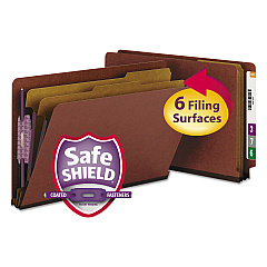 Smead End Tab Pressboard Classification Folders with SafeSHIELD Coated Fasteners, 2 Dividers, Legal Size, Red, 10/Box (29860)