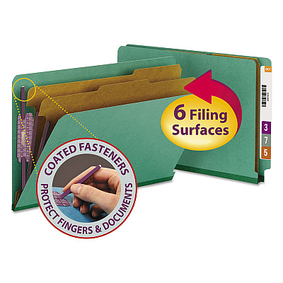 Smead End Tab Colored Pressboard Classification Folders with SafeSHIELD Coated Fasteners, 2 Dividers, Legal Size, Green, 10/Box (29785)