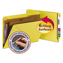 Smead End Tab Colored Pressboard Classification Folders with SafeSHIELD Coated Fasteners, 2 Dividers, Legal Size, Yellow, 10/Box (29789)
