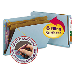 Smead End Tab Colored Pressboard Classification Folders with SafeSHIELD Coated Fasteners, 2 Dividers, Legal Size, Blue, 10/Box (29781)