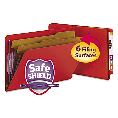Smead End Tab Pressboard Classification Folders with SafeSHIELD Fasteners, 2 Dividers, Legal Size, Bright Red, 10/Box (29783)