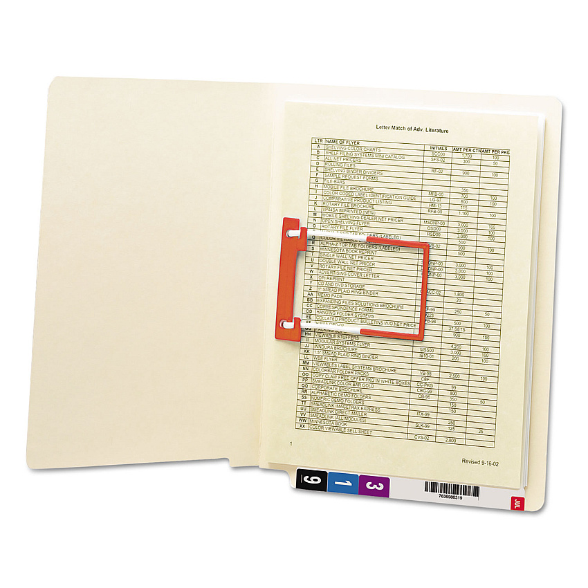 Smead Heavyweight Manila Reinforced End Tab U-Clip Fastener Folders, 1 Fastener, Letter Size, Manila Exterior, 50/Box (34112)