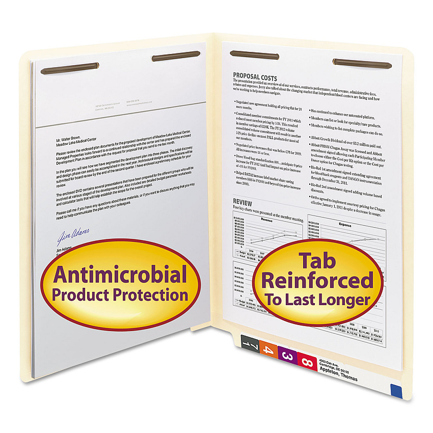 Smead Manila Reinforced End Tab Fastener Folders, Antimicrobial Protection, 2 Fasteners, Letter Size, Manila Exterior, 50/Box (34116)