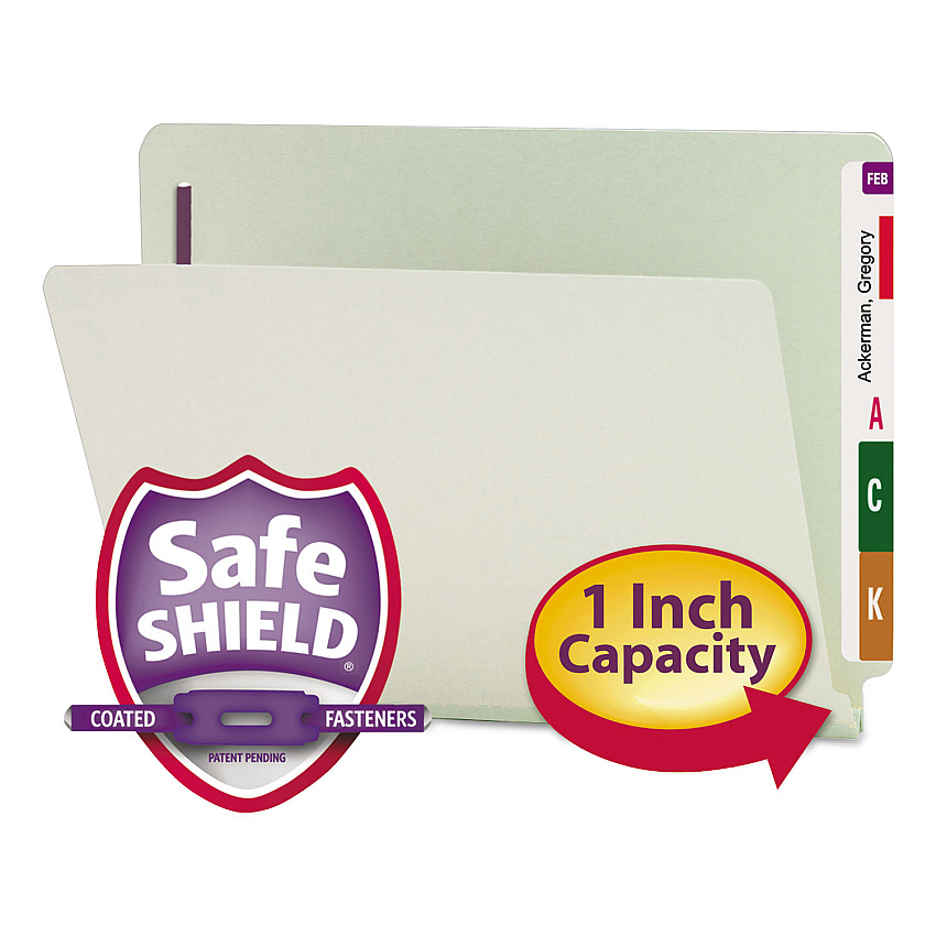 Smead End Tab Pressboard Classification Folders with Two SafeSHIELD Coated Fasteners, 1" Expansion, Letter Size, Gray-Green, 25/Box (34705)