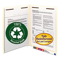 Smead 100% Recycled Manila End Tab Fastener Folders, 2 Fasteners, Letter Size, Manila Exterior, 50/Box (34160)