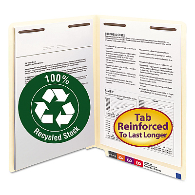Smead 100% Recycled Manila End Tab Fastener Folders, 2 Fasteners, Letter Size, Manila Exterior, 50/Box (34160)