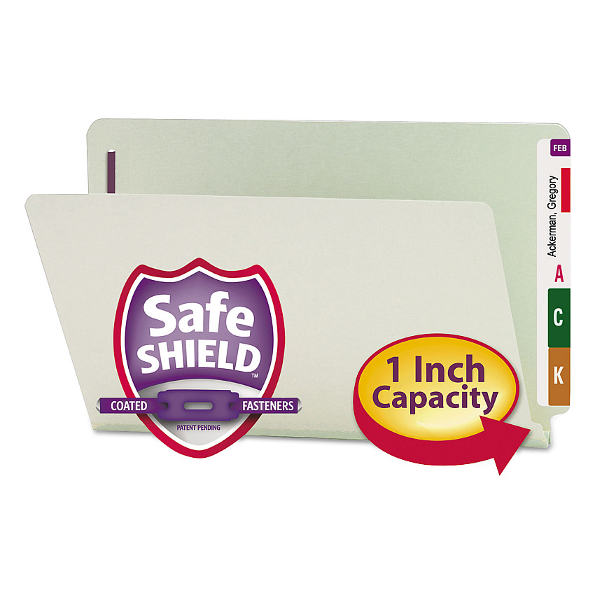Smead End Tab Pressboard Classification Folders with Two SafeSHIELD Coated Fasteners, 1" Expansion, Legal Size, Gray-Green, 25/Box (37705)