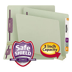 Smead End Tab Pressboard Classification Folders with Two SafeSHIELD Coated Fasteners, 3" Expansion, Letter Size, Gray-Green, 25/Box (34725)