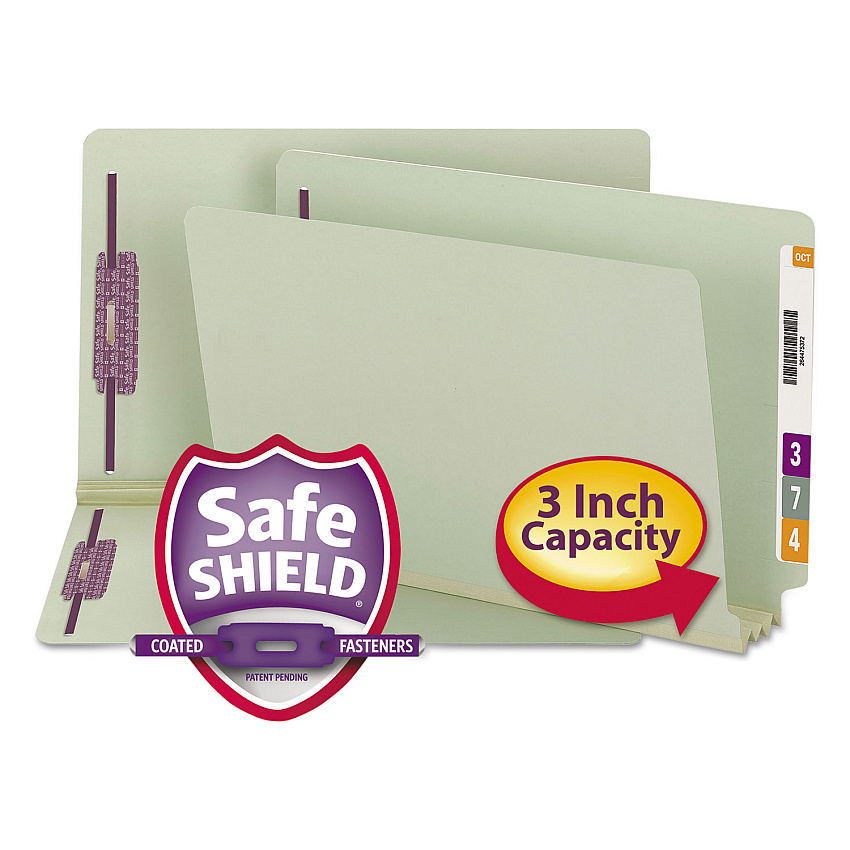 Smead End Tab Pressboard Classification Folders with Two SafeSHIELD Coated Fasteners, 3" Expansion, Legal Size, Gray-Green, 25/Box (37725)