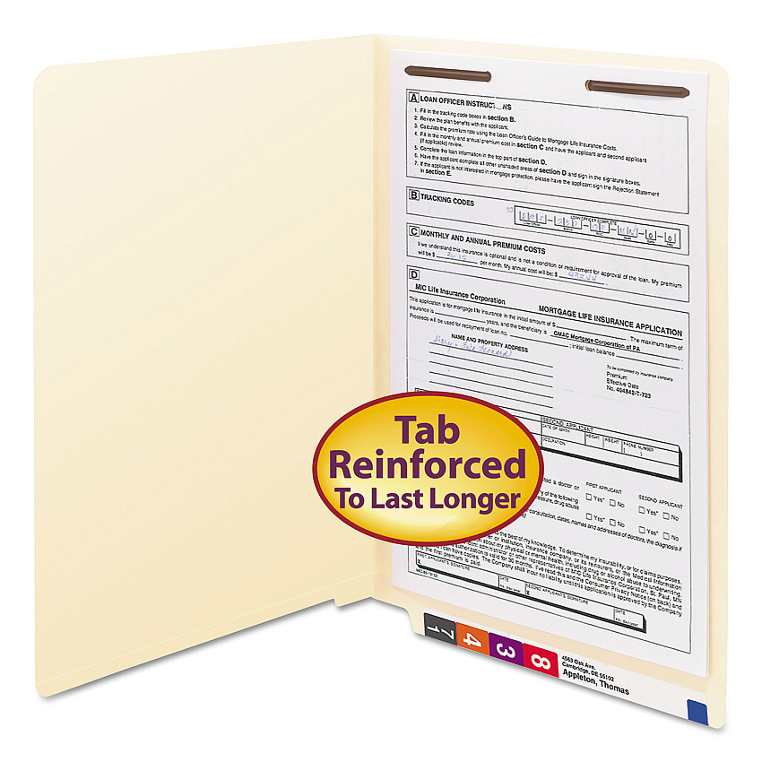 Smead Manila End Tab Fastener Folders with Reinforced Tabs, 11-pt Stock, 1 Fastener, Legal Size, Manila Exterior, 50/Box (37110)