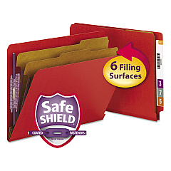 Smead End Tab Pressboard Classification Folders with SafeSHIELD Fasteners, 2 Dividers, Letter Size, Bright Red, 10/Box (26783)