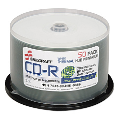 AbilityOne 7045016269521, SKILCRAFT CD-R Recordable Disc, 700 MB/80 min, 52x, Spindle, White, 50/Pack