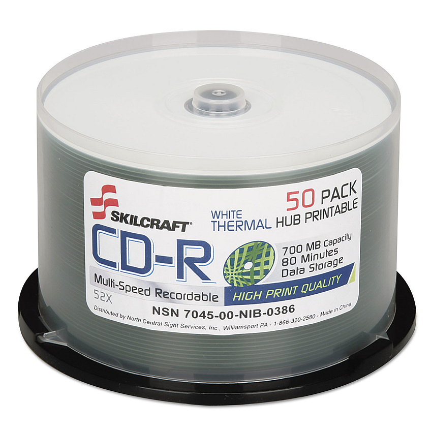 AbilityOne 7045016269521, SKILCRAFT CD-R Recordable Disc, 700 MB/80 min, 52x, Spindle, White, 50/Pack