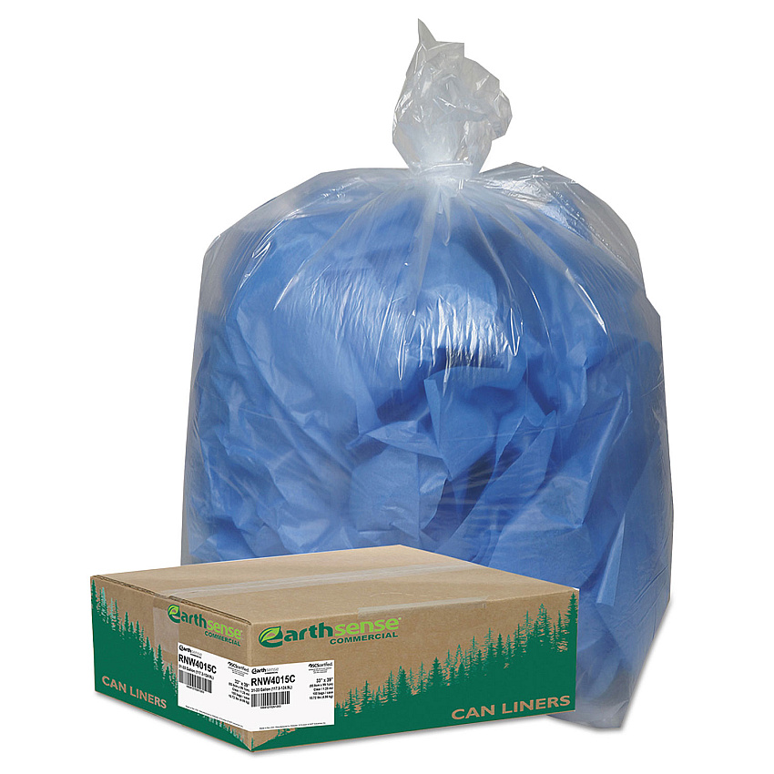 Earthsense Commercial Linear Low Density Clear Recycled Can Liners, 33 gal, 1.25 mil, 33" x 39", Clear, 100/Carton (RNW4015C)