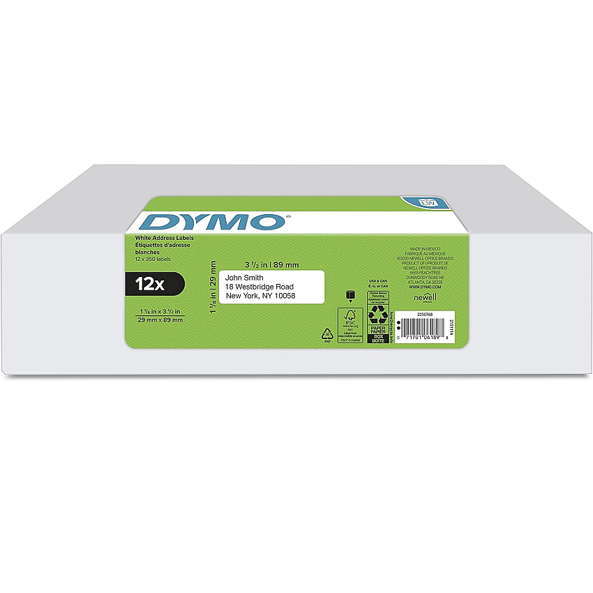 DYMO LW Address Labels, 1.13" x 3.5", White, 350/Roll, 12 Rolls/Pack (2050768)
