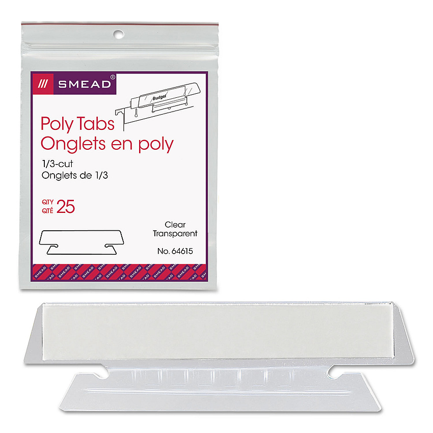 Smead Poly Index Tabs and Inserts For Hanging File Folders, 1/3-Cut Tabs, White/Clear, 3.5" Wide, 25/Pack (64615)