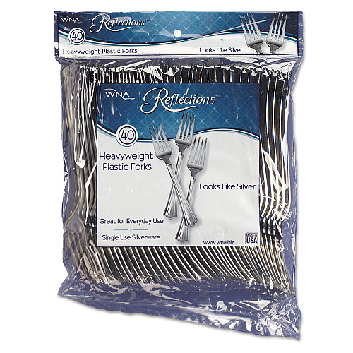 WNA Reflections Heavyweight Plastic Utensils, Fork, Silver, 7", 40/Pack, 8 Packs/Carton (REF320FK)