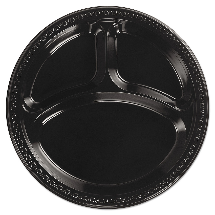 Chinet Heavyweight Plastic 3-Compartment Plates, 10.25" dia, Black, 125/Pack 4 Packs/Carton (81430)