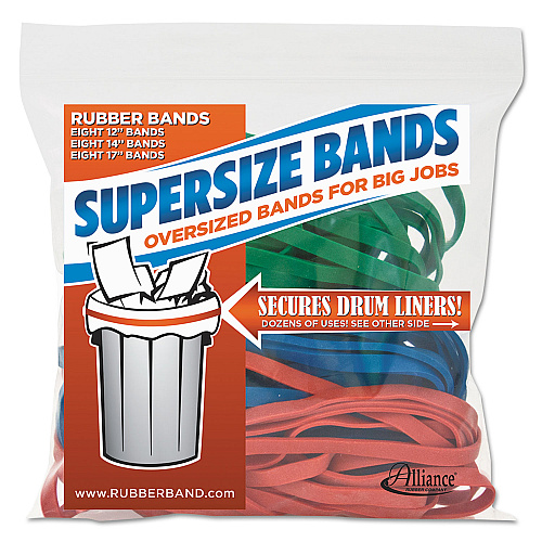 Alliance SuperSize Bands, 0.25" Wide, Assorted Lengths (12", 14" and 17"), 4,060 psi Max Elasticity, Assorted Colors, 24/Pack (08997)