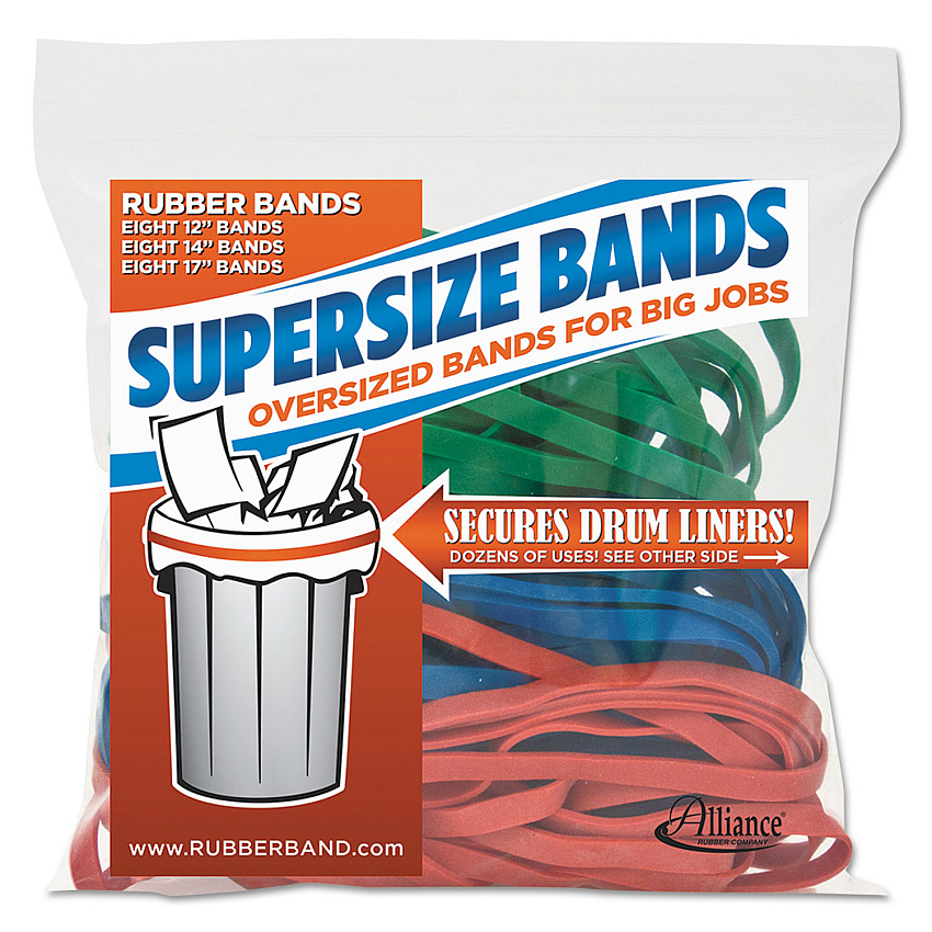 Alliance SuperSize Bands, 0.25" Wide, Assorted Lengths (12", 14" and 17"), 4,060 psi Max Elasticity, Assorted Colors, 24/Pack (08997)