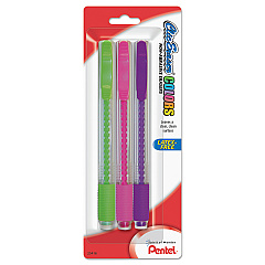 Pentel Clic Eraser COLORS Eraser, For Pencil Marks, White Eraser, Assorted Barrel Colors, 3/Pack (ZE23BP3M)