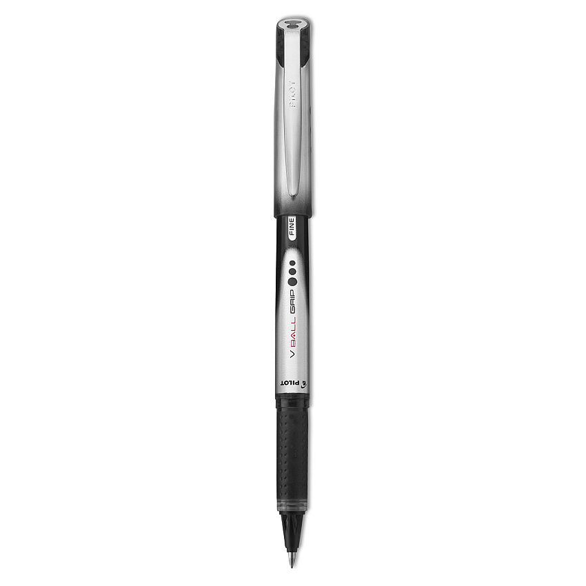 Pilot VBall Grip Liquid Ink Roller Ball Pen, Stick, Fine 0.7 mm, Black Ink, Black/Silver Barrel, Dozen (35570)