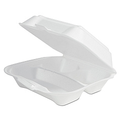 Plastifar Foam Hinged Lid Container Secure One Tab Latch, 3-Compartment, 7.81 x 8.75 x 3.38, White, 100/Sleeve, 2 Sleeves/Bag, 1 Bag/PK (12039)