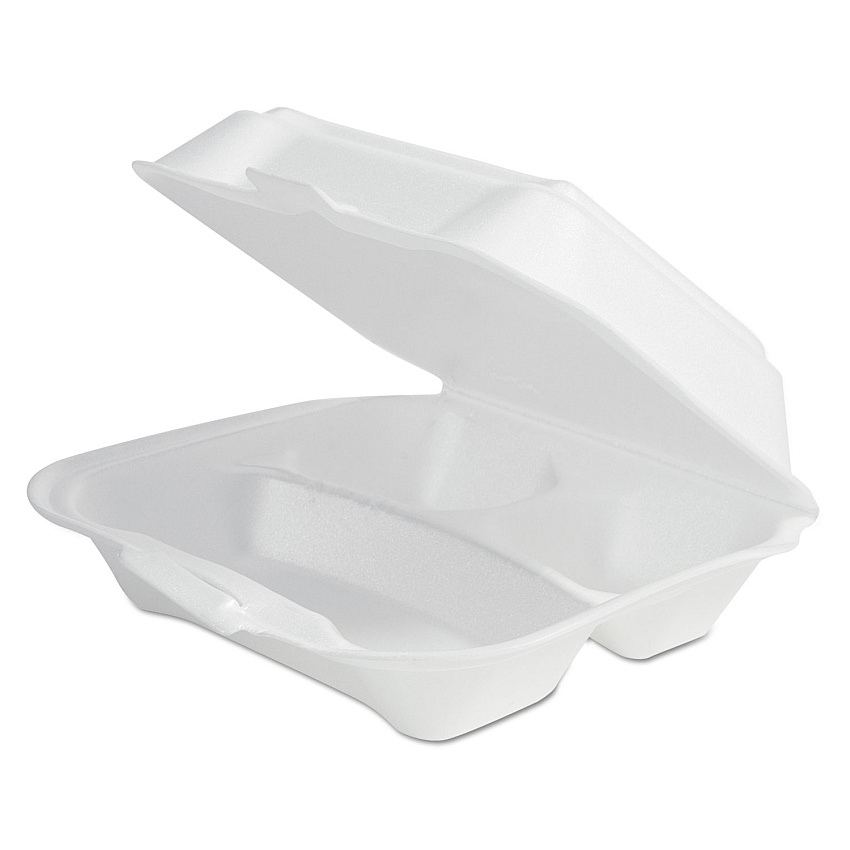 Plastifar Foam Hinged Lid Container Secure One Tab Latch, 3-Compartment, 7.81 x 8.75 x 3.38, White, 100/Sleeve, 2 Sleeves/Bag, 1 Bag/PK (12039)