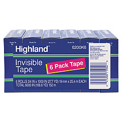 Highland Invisible Permanent Mending Tape, 1" Core, 0.75" x 83.33 ft, Clear, 6/Pack (6200K6)