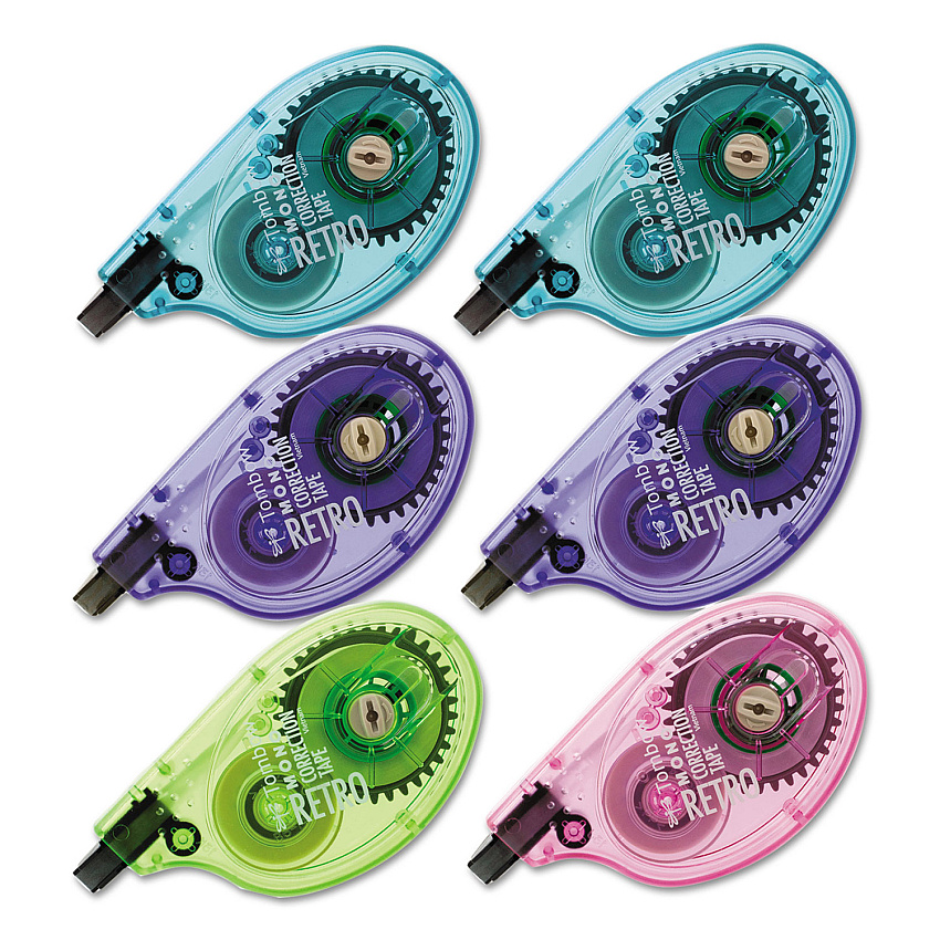 Tombow MONO Original Correction Tape, Asst RetroColor Applicators, 1/6" x 394", 6/Box (68670)